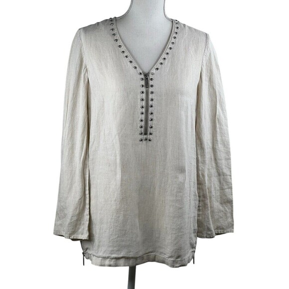 Michael Kors Women Oatmeal Linen Tunic Top V Neck Silver Studs Zippers Small - Picture 1 of 10